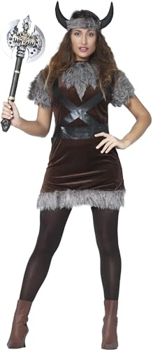 FIESTAS GUIRCA | Disfraz de Vikinga para Mujer - Vestido, Cinta de Cabeza, Cinturón y Cuernos - Disfraces de Guerrera Nórdica para Halloween, Carnaval y Fiestas de Vikingos