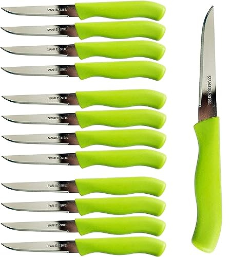 Brenium Paring and Garnishing Knife, 12-Piece Set, Knives with Straight Edge 3 Inch Blade, Stainless Steel, Spear Point, Fruit and Vegetable Cutting and Peeling, Green