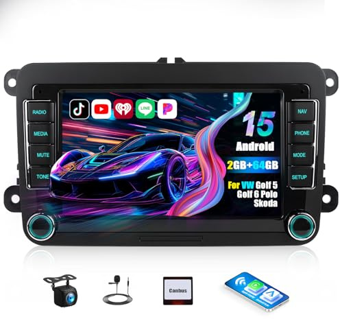 CAMECHO 2+64 GB Android 15-baserad bilradio med trådlös CarPlay och Android Auto för VW Golf 5/6, Skoda Passat, Polo, Tiguan samt Seat