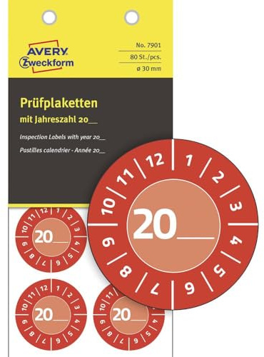AVERY Zweckform 80 Stück Prüfplaketten 20xx (mit Jahreszahl zum selber eintragen, widerstandsfähig, stark selbstklebend, Ø30 mm, Prüfaufkleber, beschriftbare Prüfsiegel aus Vinyl-Klebefolie) 7901 rot