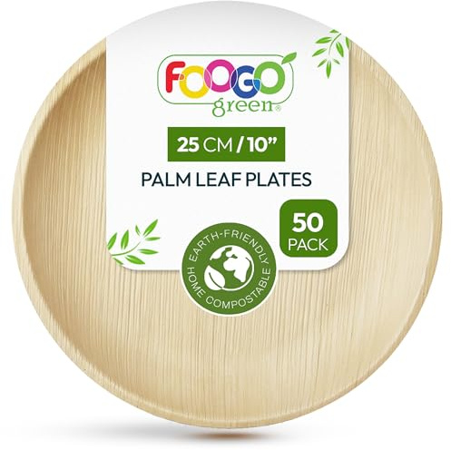 FOOGO Green 50x Palmblatt Teller rund Ø 25 cm – kompostierbar & naturbelassen – extra stabil & fettresistent – nachhaltiges Einweggeschirr für Party & BBQ