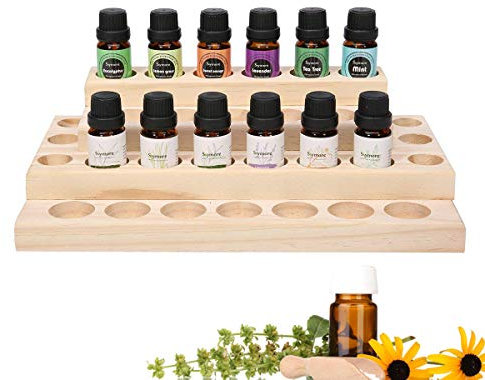 MKNZOME Organizador de Madera de Almacenamiento de Aceite Esencial de 30 Ranuras - Estante de Almacenamiento para 5 a 10 ml de Botellas de Aceites Esenciales y Perfume Presentación y Esmalte de Uñas