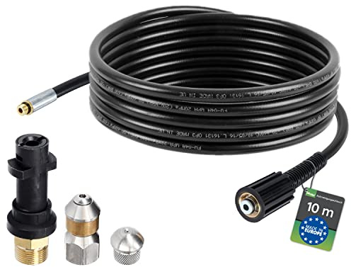 McFilter | Rohrreinigungsschlauch, 10m, 160-200 bar, inkl. Adapter, Düsen starr + rotierend, kompatibel mit Kärcher K2, K3, K4, K5, K6, K7 Hochdruckreiniger