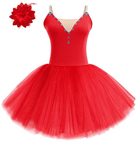 OBEEII Femme Fille Tutu Justaucorps Danse Classique Leotard Ballet Robe Danse Gymnastique à Paillettes Tulle Robe Rouge Medium