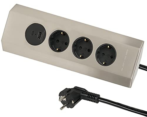 Electraline 62514 Regleta Base Multiple Angular por la cocina en acero inoxidable, Fijable a la pared, 3 Tomas Schuko 16A + 2 USB 3.1A (1 tipo A y 1 tipo C) 15.5W, cable 2M H05VV-F sección 3G1.5 mm