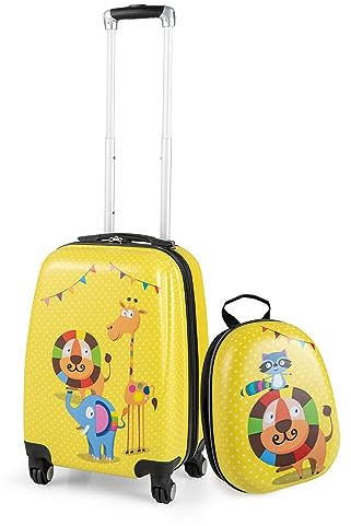 DREAMADE Kinderkoffer Jungen mit Rucksack 18+12, 2 TLG. Kinderkoffer Set, Kindergepäck Trolley, Kindertrolley Jungen & Mädchen, Reisetrolley mit Rollen (Löwe, 18 Zoll + 12 Zoll)