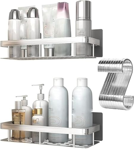 AOSEE 2 Stück Duschablage ohne Bohrungen, Duschkörbe Ablagen Wandablage Mit 10pcs S Haken, Duschkorb Badregal Badezimmer Regal Selbstklebend,Space Aluminium,Rostfrei (Silber 01)