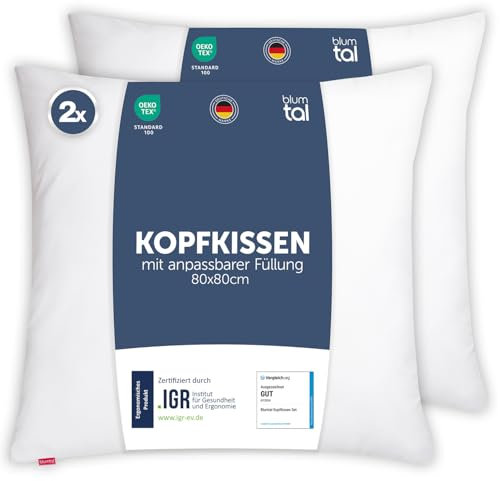 Blumtal Kopfkissen 80x80 cm 2er Set - Nackenkissen mit anpassbarer Füllung - 100% Mikrofaser & waschbar bis 95 Grad - höhenverstellbares Kissen