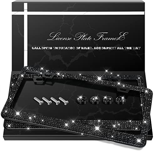 QUANQIUFEI 2 x Bling-Kennzeichenrahmen, glitzernde Strass-Diamant-Auto-Kennzeichenabdeckung für Frauen, Edelstahl-Autozubehör mit Glitzer-Kristallkappen, Schwarz
