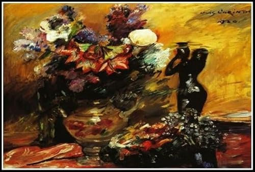 Cala-Lilien und Flieder mit einer Bronze-Figur, Gemälde von Lovis Corinth, Diamant-Malerei-Kits für Erwachsene, 5D-Kristalldiamanten, Kunst mit Zubehör, Bild, DIY, Kunsthandwerk für Heimdekoration,