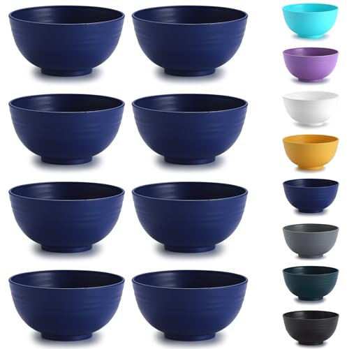 Kyraton Plastic Cereal Bowls 8 Pieces, Unbreakable and Reusable Light Weight Bowl for Rice Noodle Soup Snack Salad Fruit, Dishwasher Safe