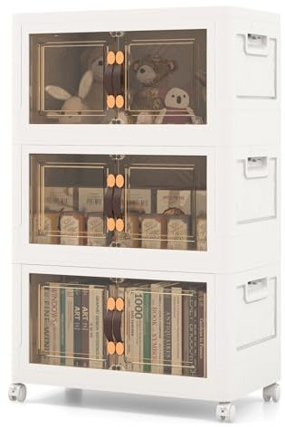 COSTWAY Faltbare Aufbewahrungsbox mit Deckel, 75 L Boxen Aufbewahrung, 3er Set Kunststoffbox stapelbar, Aufbewahrungsbehälter mit Rollen & Türen, Stapelboxen Kunststoff, 44,5x30x77,5cm, Weiß