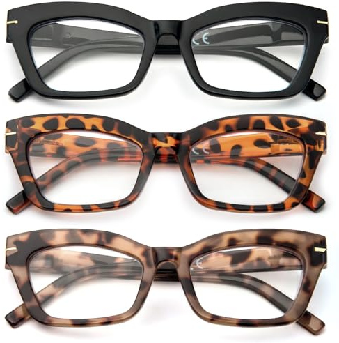 kollyseek 3 Pack Occhiali da Lettura Donna Retrò anti-blu Grande Cat Eye | 3 Pack Occhiali da Lettura Cateye Donna Retrò anti-blu Comodi e Alla Moda Grande Cat Eye,1.0 1.5 2.0 2.5 3.0 3.5