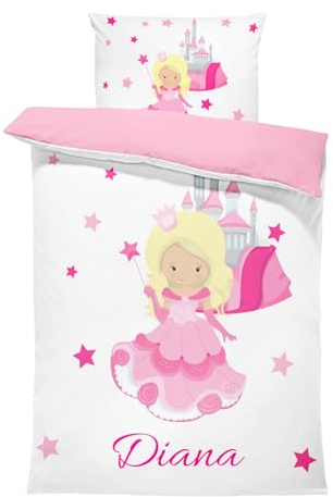 Pictogogo Personalisierte Baby Bettwäsche mit Prinzessin, Wählbare Unterfarbe aus Baumwolle, Prinzessin Bettwäsche Mit Namen, Babybett Komplett Set Mit Reißverschluss (135 x 200 cm)