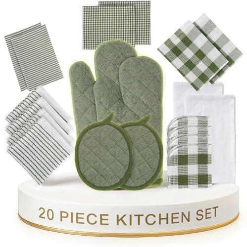 LANE LINEN Geschirrtuch- und Geschirrtuch-Set – 20-teiliges Baumwolltücher, hitzebeständige Küchenhandschuhe und Topflappen, Olivgrün