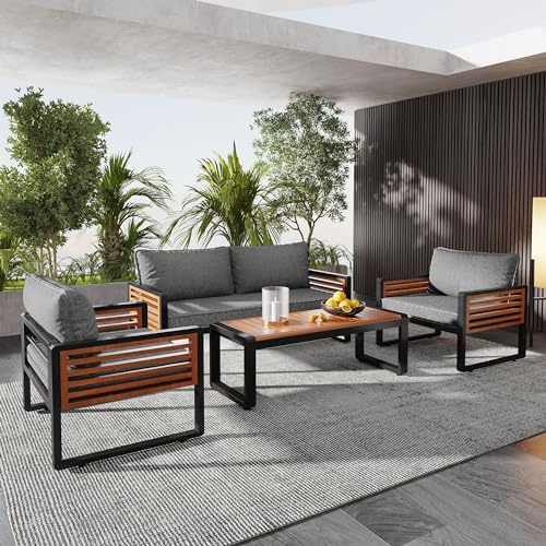 Kayan Gartenlounge Gartenmöbel Möbelsets Gartensofa Loungemöbel Loungetisch Terrassenmöbel mit verzinktem Eisenrahmen (4-teiliges Esstisch-Set, 1x2-Sitzer-Sofa, 2X Einzelstühle, 1x Tisch) Grau