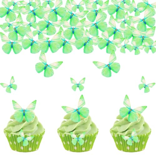 DazzJoy 72 Stück Schmetterlinge Cake Topper - Essbare Schmetterlinge für Torte & Geburtstag, Grün