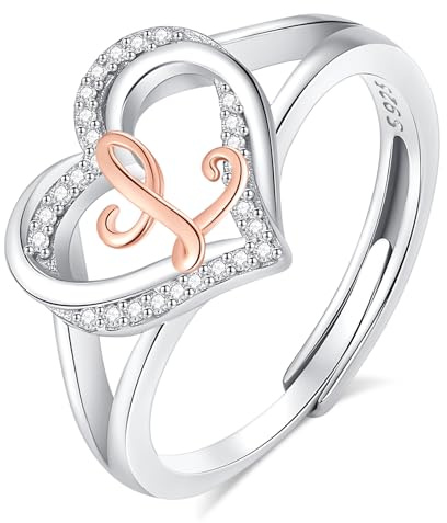 INFUSEU Anillo Iniciales, Plata de Ley 925 Anillos Abiertos Letras L Forma Corazón Nombre Inicial Alfabeto A-Z Joyería Personalizada Ajustable Regalos para Mujeres Damas Niñas