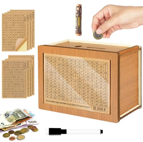 Nepfaivy Spardose mit Zähler Ankreuzen aus Holz - Wiederverwendbare Sparbox mit Zahlen aus €500-€10000 Sparzielen, Goalsaver Box | Geldsparbox | Retro Sparbüchse für Kinder Erwachsene