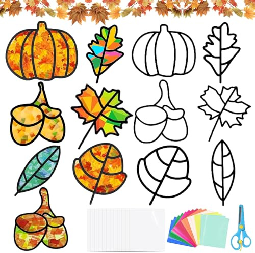 Herbst Bastelset für Kinder - 12 Stück DIY Blätter Deko, Fensterdeko, Halloween und Weihnachten