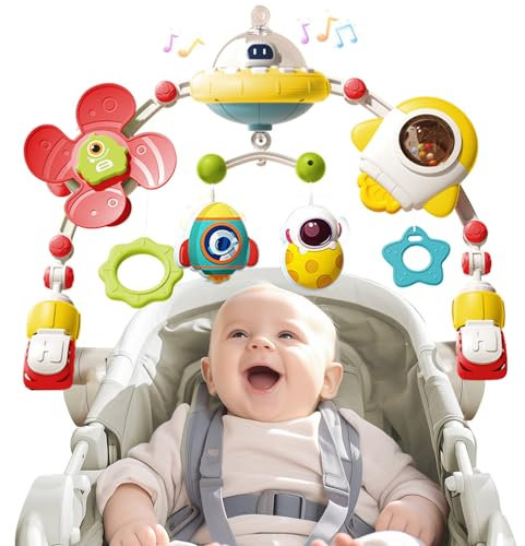 Kinderwagen Spielzeug mit Musik, Spielbogen Kinderwagen Babyschale Kinderbett Babyspielzeug, Mobile Kinderwagenkette mit Rasselspielzeug, Hängend Sensory Babyspielzeug Geschenk für Neugeborene