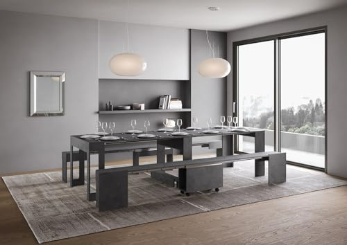 IMAGO FACTORY Lover - Ausziehbarer Konsolentisch mit unterer und oberer Bank, ausziehbarer Tisch (bis zu 302 cm) moderner Konsolentisch für den Eingang, hergestellt in Italien (Anthrazit Spachtel)