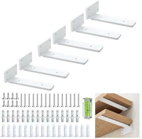 Mensola angolare 15 cm (0,4 cm) di spessore, confezione da 6 supporti per scaffali sospesi, nascosti, rustici, industriali, con finitura in ferro moderna, colore bianco