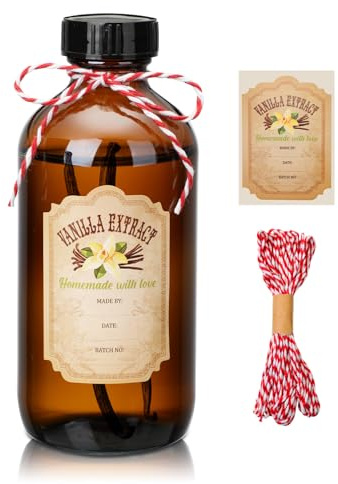 Suclain 4 botellas de extracto de vainilla de 8 onzas, botellas redondas de vidrio Boston ámbar para extracto de vainilla casero y extracto de vainilla para jarabe, regalo de alimentos, juego de