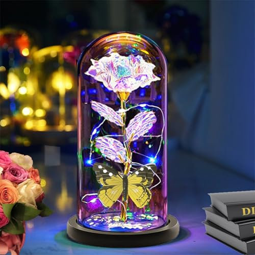 Valentines Day Gifts for Her , Valentines Rose Flowers Gifts for Mom Women Grandma Sister Her Wife Girlfriend ,Galaxy Crystal Light Up Red Rose In a Glass Dome, Butterfly Birthday Gifts for Women