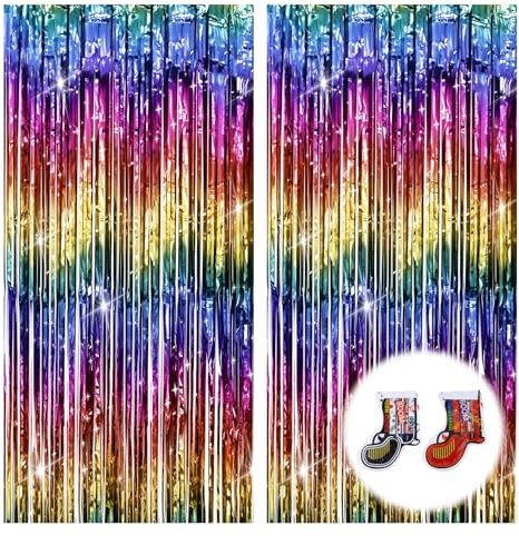 2 Stück Lametta Vorhänge Farbig, Lametta Vorhang Bunt, Streifenvorhang, Regenbogen Deko, Festival Deko, Glitzer Vorhang Geburtstag, Türvorhangtrennwand