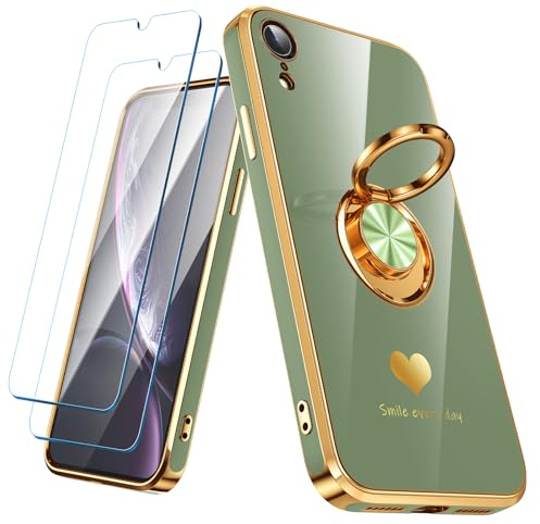 Nonional Compatible for iPhone XR Case with 2 Pack Screen Protector, 360° Rotatable Ring Holder [Luxury Hearts Pattern] Plating Gold Edge Slim Soft Phone Cover Case for iPhone XR - Light Green