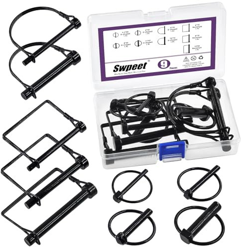 Swpeet 9Pcs 9 Sizes 3/16 1/4 5/16 3/8 Black Zinc Plated Heavy Duty Shaft Locking Pin Assortment Kit, Round/Square/Arch Safety Coupler Pin, Wire Lock Pin, Hitch Pto Pin for Trailers, Towing, Lawn