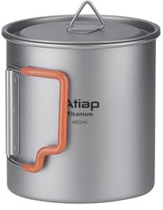 ATiAP Tasse de camping portable en titane ultra légère avec couvercle et poignée pliable en plastique, portable et légère pour le camping, la randonnée, la randonnée (450 ml)
