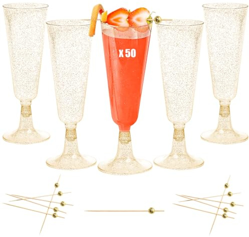Dhnvcud 50 flautas de champán de plástico, 150 ml, copas de cava, copas de plástico, para fiestas, bodas, cumpleaños, sólidos y reutilizables