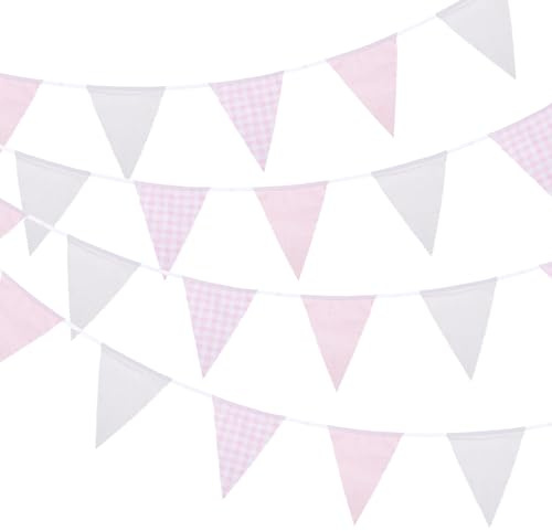 QUARKZMAN 10M Banderín De Cuadros Rosa Y Blanco, 36 PCS Banderas Triangulares De Tela Para Decoración De Cumpleaños Bodas Jardín Exterior | Banderines de tela para bodas de cumpleaños, decoración de jardín al aire libre