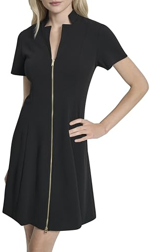DKNY Women's Short Sleeve V-Neck Zipper Front Scuba Crepe Mini Dress, Black, 14