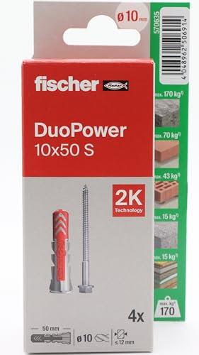 fischer - Duopower 10x50 con vite - 4U, tasselli da parete multimateriale, servono per appendere biciclette, quadri, armadi, supporti per TV, scaffali, mobili.