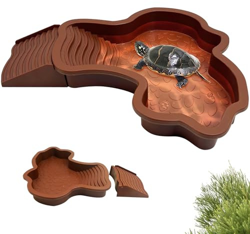 Bassin pour Tortue avec Rampe, Abreuvoir Tortue Terrestre, 35x28,5x4,3cm, Piscine pour Tortues, Rampe AntidéRapant Amovible, Bassin De Douche pour Terrasse, pour Tortues, LéZards. (Brun rougeâtre)