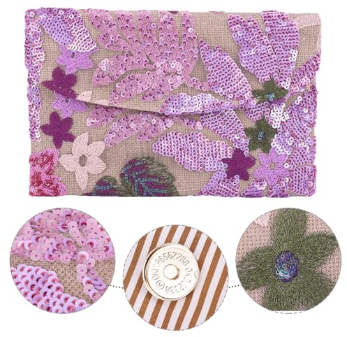 AMZGSHOP Floral Embroidery Sequin Evening Clutch Bag Gifts for Women, Envelope Package, Straw Bag, Party Purse, Clutch Purse for Shopping, Holiday Parties and Street Photography During Travels-Purple