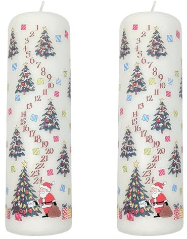 Pack of 2 Christmas Trees Advent Pillar Candles | Traditional Christmas Advent Calendar Candles with Numbers - 20cm
