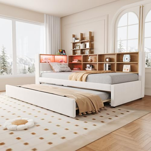 Kebnor Schlafsofa 90 * 200, Ausziehbett 90 * 190, ausgestattet mit LED Leuchten, Steckdosen und vielen Ablagefächern, Polsterbett, Multifunktionsschlafsofa, Einzelbett, Flanell (Beige)