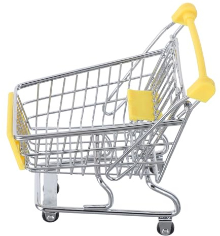 Abaodam Mini Metal Shopping Cart with Wheels for Realistic Miniature Grocery Trolley for Pretend Play Handcart Basket for Dollhouse Role Play Yellow