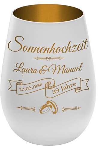 Windlicht mit Gravur - personalisiert - für Ehepaar Weiß/Gold mit Motiv 'Sonnenhochzeit' – mit Namen & Datum – Geschenk für Hochzeitstag, Deko, Teelichthalter, Kerzenhalter