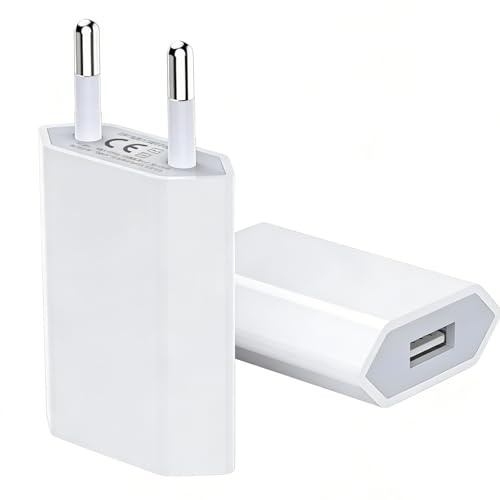 2 Unidad Alimentación USB, Fuente de Alimentación USB 5W, Adaptador Universal 5V 1A, Cargador Compatible con Teléfonos Móviles, Reloj Inteligente, Auriculares, Cámaras, Tablets, Blanco