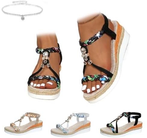 Sandalias de cuña bohemias para mujer, sandalias de plataforma informales de ancho ancho, ortopédicas, cómodas, para caminar, puntera abierta, sin cordones, correa al tobillo, zapatos elegantes de