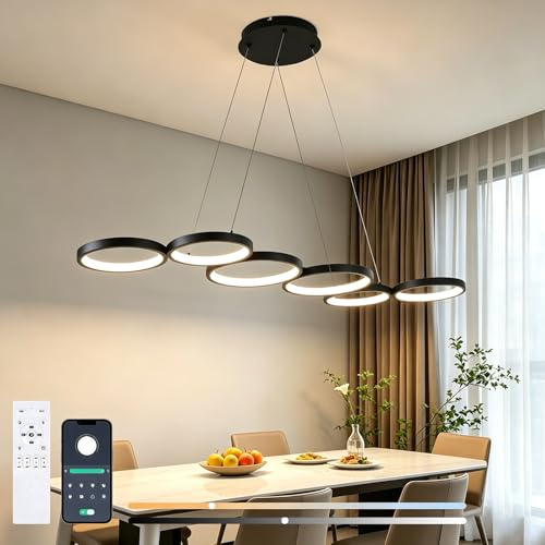 113cm LED Pendelleuchte Esstisch Dimmbar, 69W Moderne Hängelampe, Schwarz | 6-Rund Ring Design, Hängeleuchte mit Fernbedienung und APP, Esszimmerlampe hängend Höhenverstellbar für Wohnzimmer Küche Büro