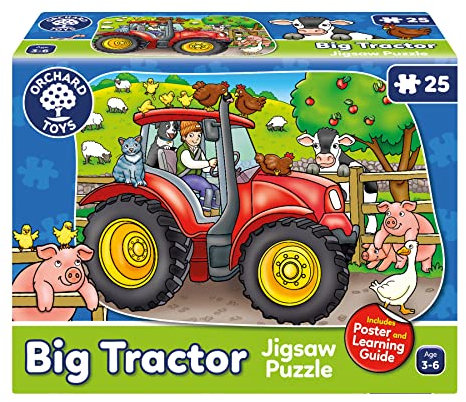 Orchard Toys Big Tractor Jigsaw Puzzle, 25-Piece Farm Themed Shaped Puzzle For Ages 3-6, Includes Poster, Perfect Party Gift