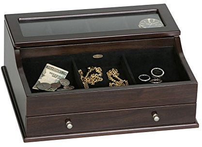 Mele & Co. Hampden Men's Glass Top Wooden Dresser Top Valet in Mahogany Finish