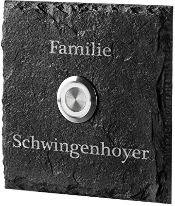 polar-effekt Personalisierte Türklingel aus Schiefer - 90x90 mm Klingelschild mit Gravur - Klingelknopf Weiss - Klingelplatte Geschenk zum Einzug [mit Silikon] Motiv: Familie