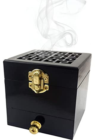 Nazareth Store Black Wood Incense Burner Charcoal Natural Box Distiller Resin Incense Holder Aromatherapy Fragrance Ornament